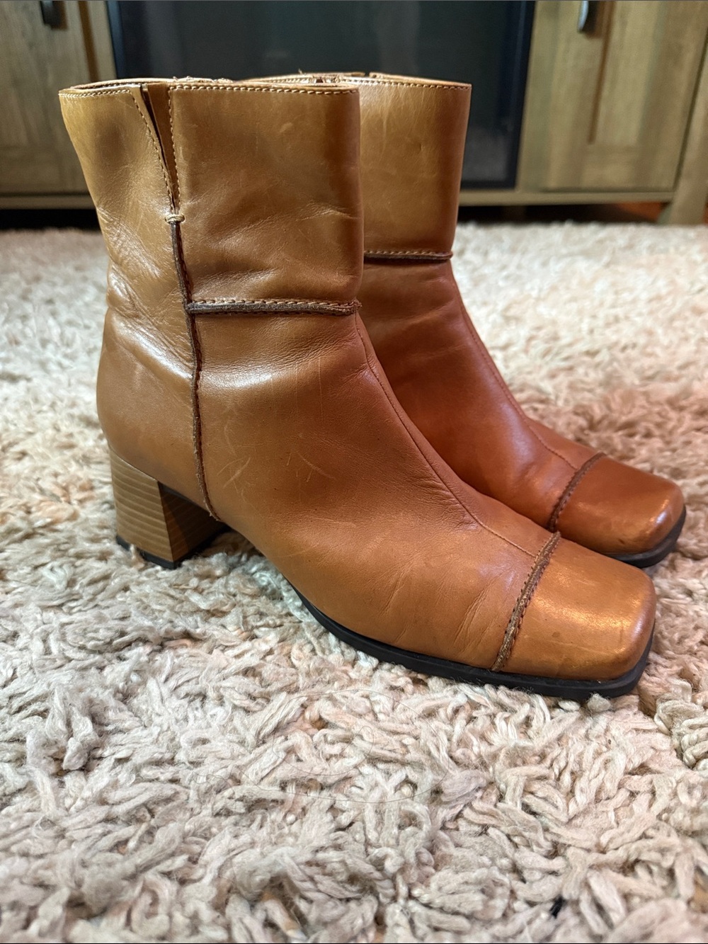 Y2K Transit Tan Leather Block Heel Square Toe Ankle Boots Made in Macau -Size 38